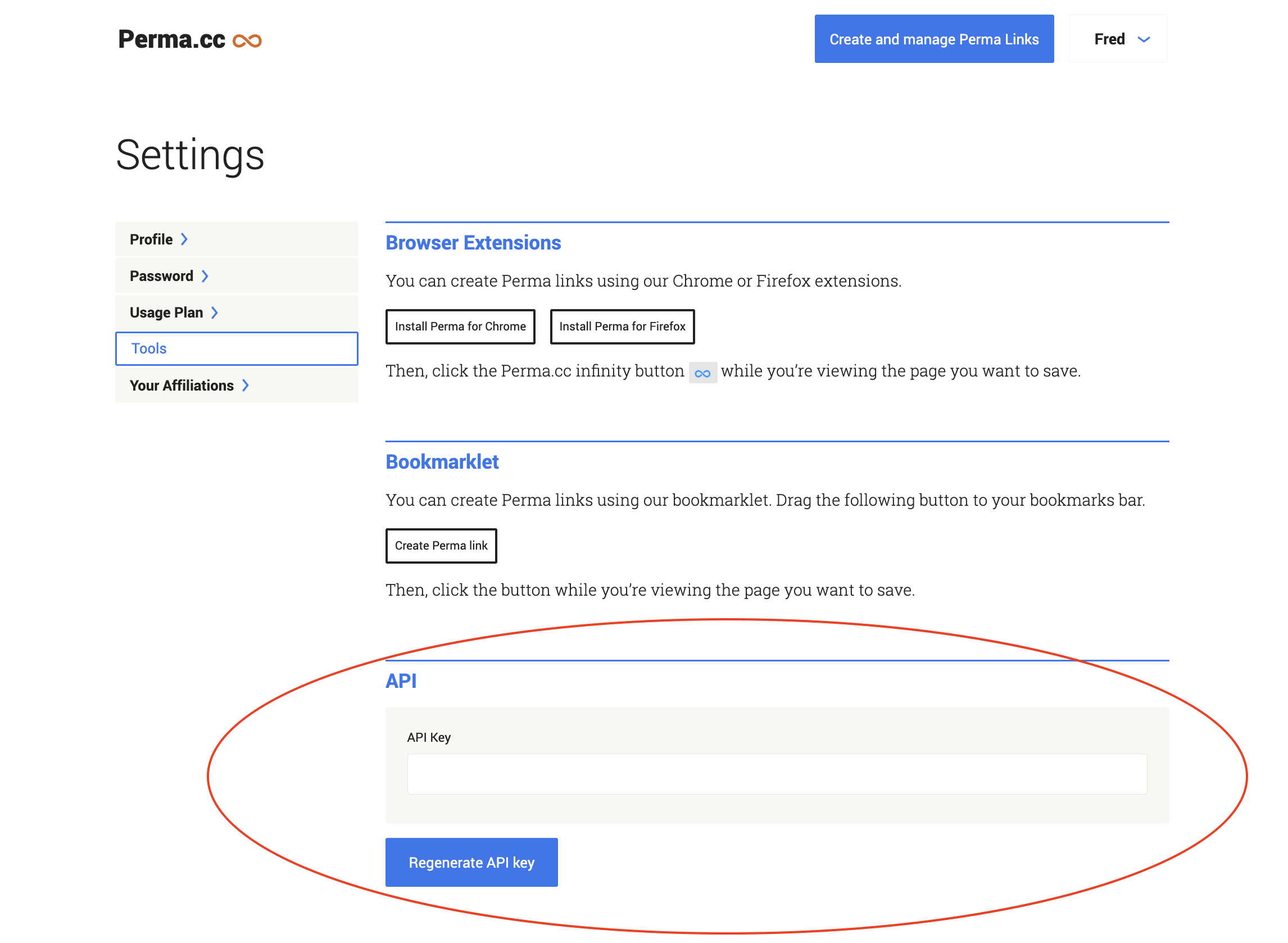 Screenshot showing Perma.cc Tools and API Key location